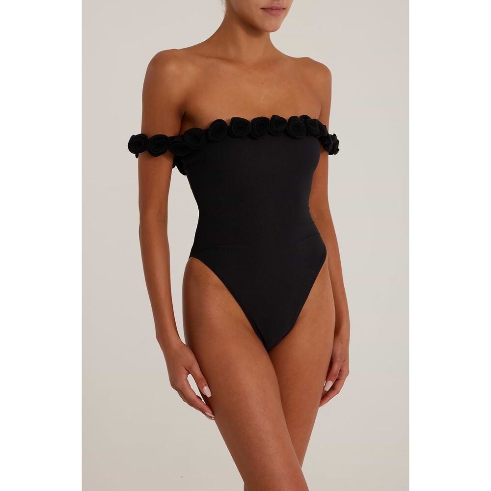 Off-Shoulder Black One-Piece Swimsuit with Floral Trim - Never worn!